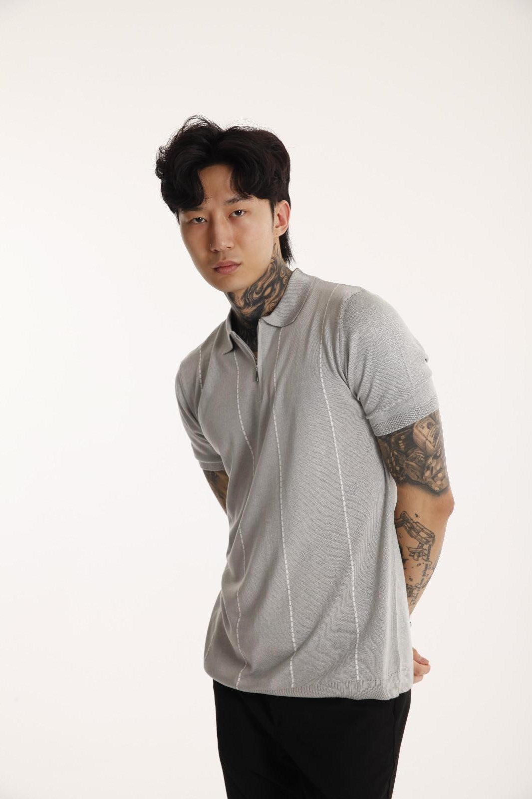 The Champ Polo Yaka Fermuarlı Beyaz Çizgili Triko Örme Gri Erkek T-shirt