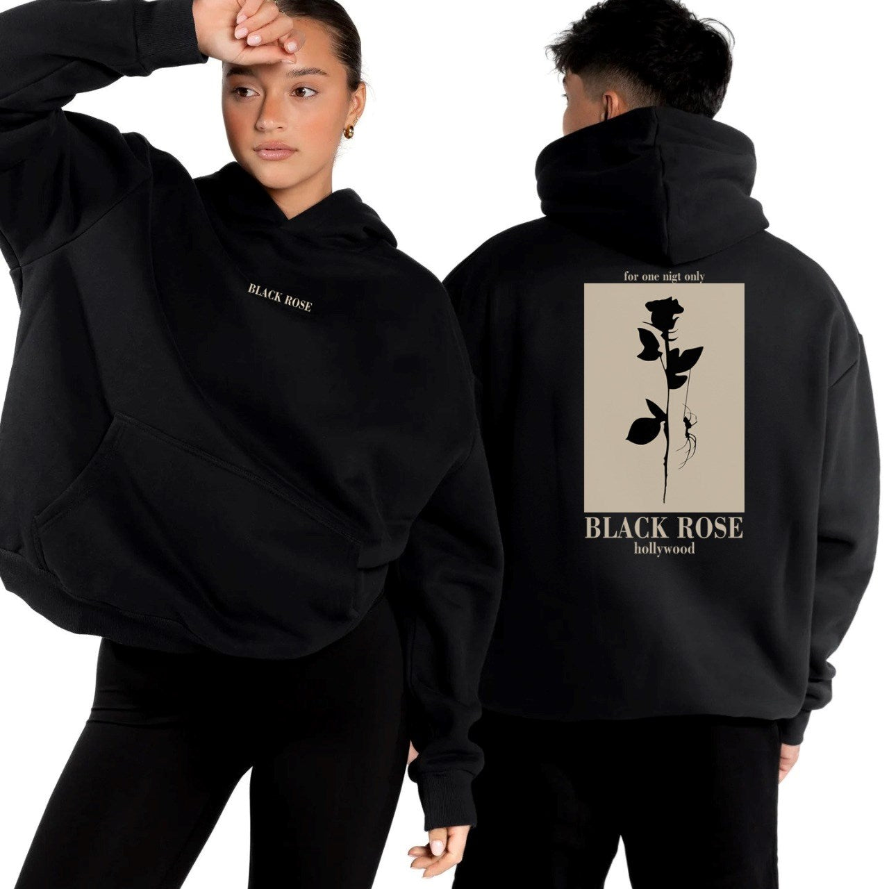 Kapüşonlu İçi Polar Black Rose Baskılı Siyah Unisex Hoodie Sweatshirt