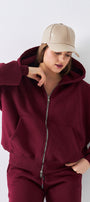 Kadın Oversize Zip Hoodie Bordo – Fermuarlı, Kapüşonlu, Kangru Cep,  3 İplik Şardonlu Polar
