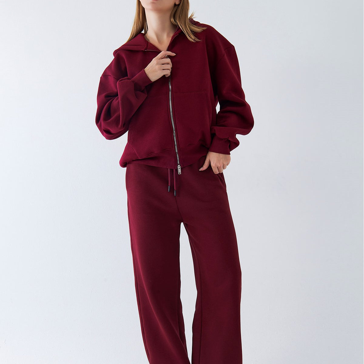 Kadın Oversize Eşofman Takımı Zip Bordo – Fermuarlı, Kapüşonlu, Bol Paça,  3 İplik Şardonlu Polar