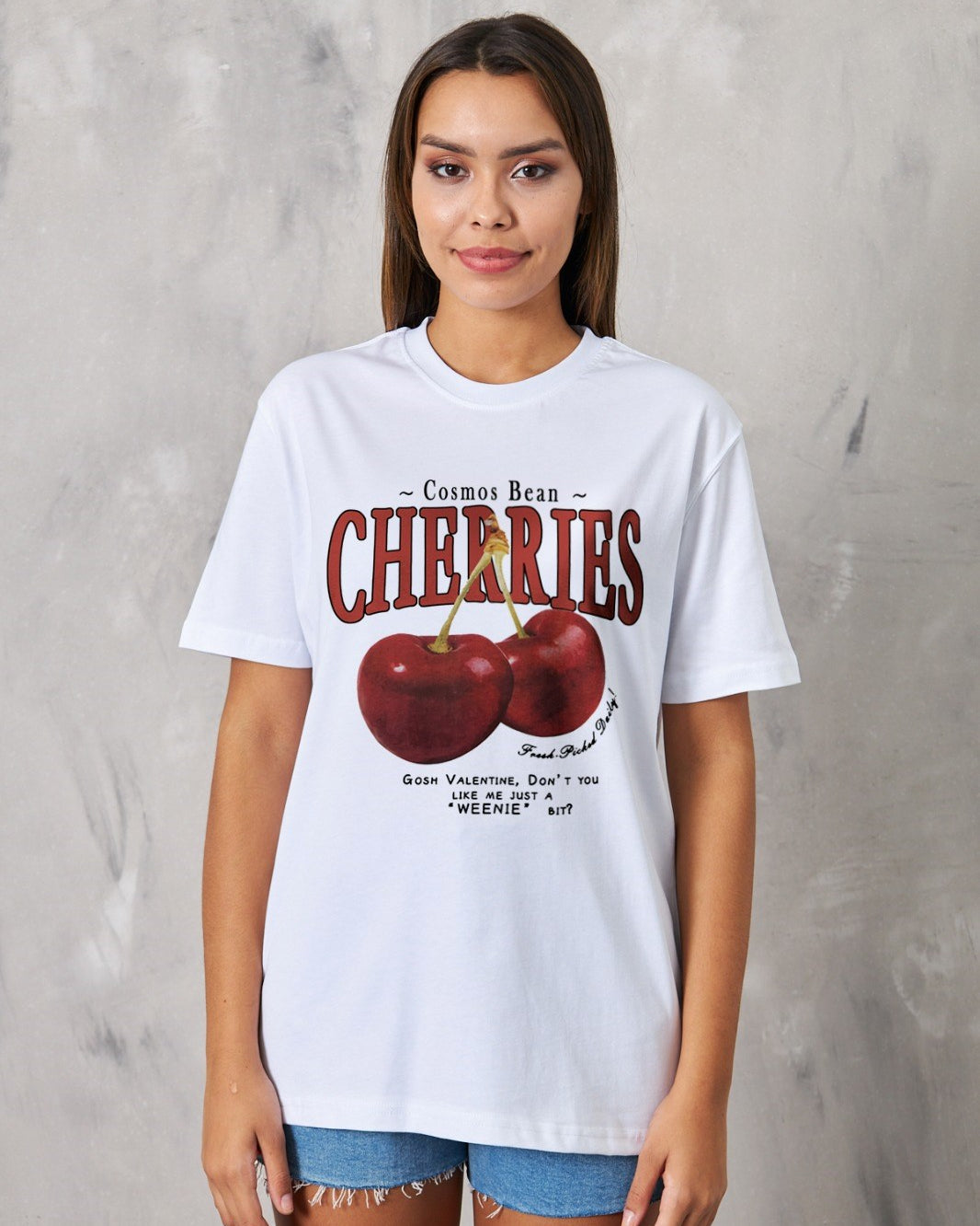 Cherries Yazılı Kiraz Tasarım Baskılı Beyaz Kadın T-shirt