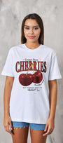 Cherries Yazılı Kiraz Tasarım Baskılı Beyaz Kadın T-shirt