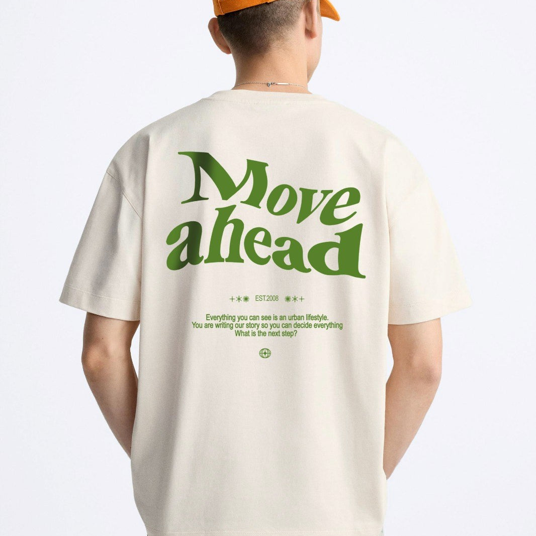 Bisiklet Yaka Move Ahead Yazılı Kordinat Baskılı Oversize Bej Erkek T-shirt