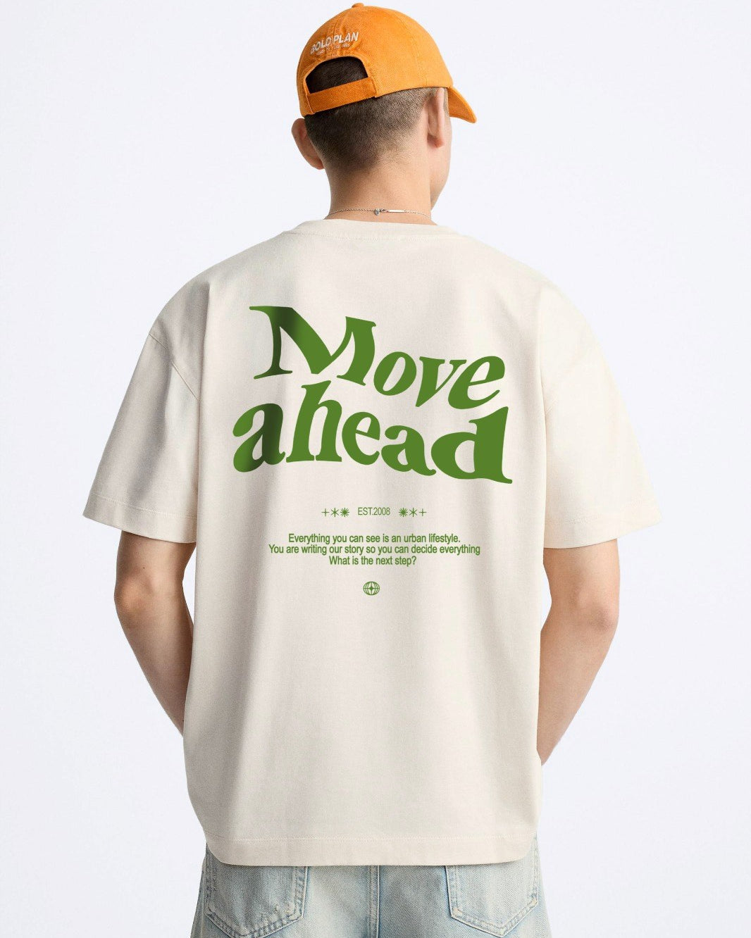 Bisiklet Yaka Move Ahead Yazılı Kordinat Baskılı Oversize Bej Erkek T-shirt