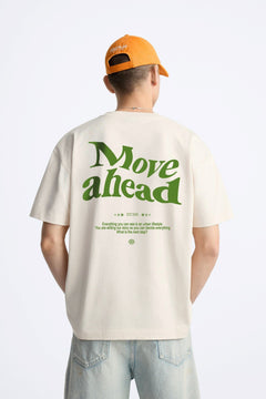 Bisiklet Yaka Move Ahead Yazılı Kordinat Baskılı Oversize Bej Erkek T-shirt