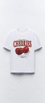 Cherries Yazılı Kiraz Tasarım Baskılı Beyaz Kadın T-shirt