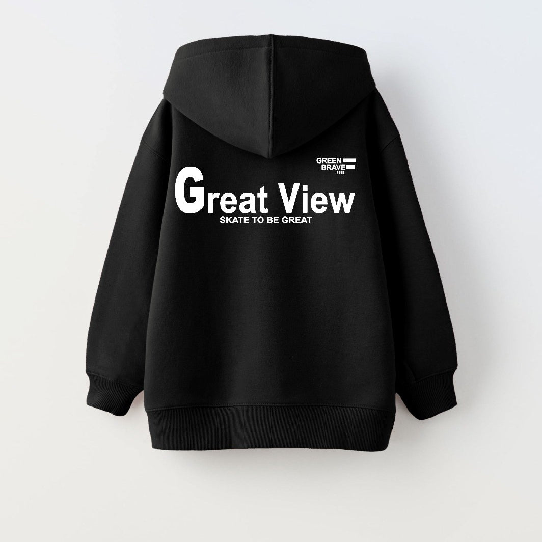Kapüşonlu İçi Polar Great View Yazı Baskılı Siyah Unisex Çocuk Hoodie Sweatshirt