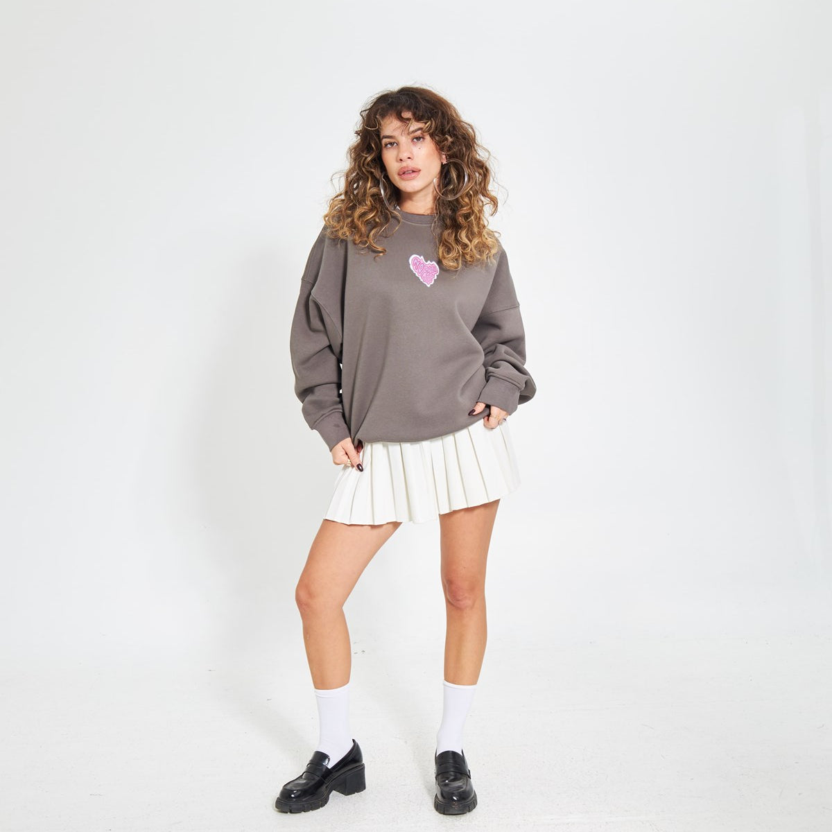 Füme Bisiklet Yaka Kadın No Fear Ön ve Baskılı Oversize Sweatshirt