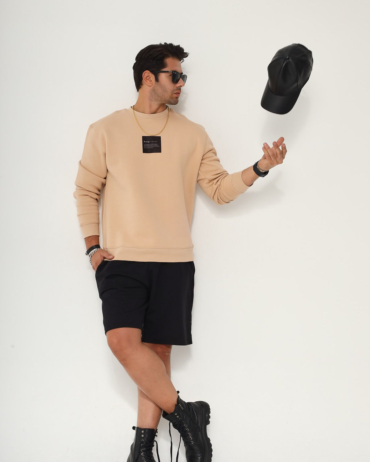 Bisiklet Yaka İçi Polar Syzygy Yazı Baskılı Bej Oversize Sweatshirt