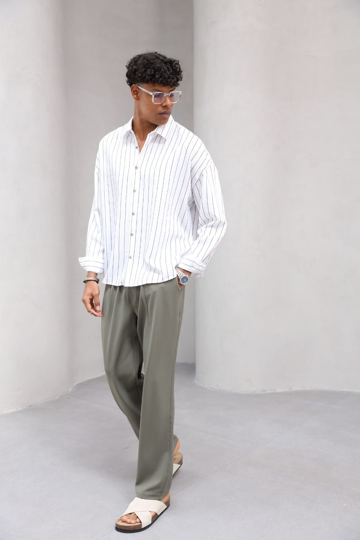 Çizgili Naturel Renk Oversize Erkek Gömlek