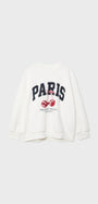 Bisiklet Yaka İçi Polar Paris Yazılı Kiraz Baskılı Beyaz Oversize Sweatshirt