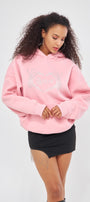 Amor Yazılı Taş Baskılı Kapüşonlu İçi Polar Oversize Pembe Sweatshirt