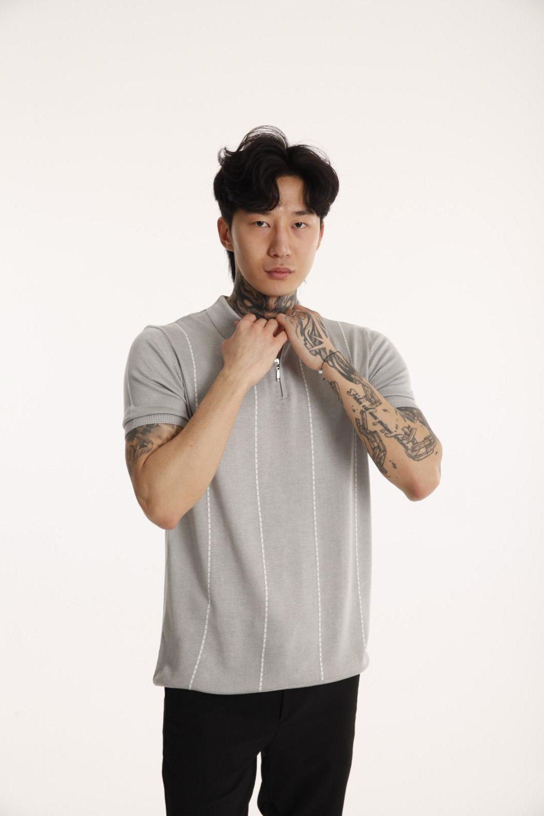 The Champ Polo Yaka Fermuarlı Beyaz Çizgili Triko Örme Gri Erkek T-shirt