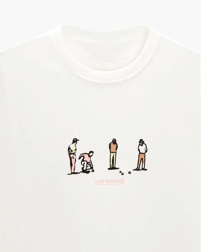 Bisiklet Yaka Club Petanque Baskılı Beyaz Oversize Erkek T-shirt