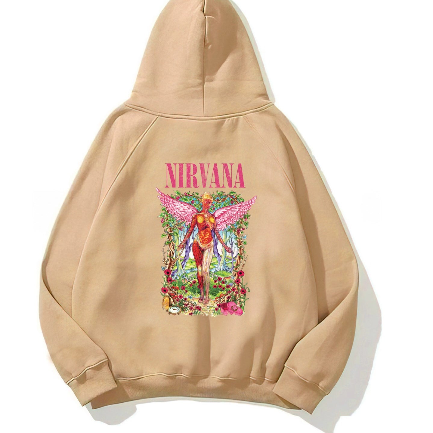 Kapüşonlu İçi Polar Pembe Nirvana Baskılı Bej Unisex Hoodie Sweatshirt