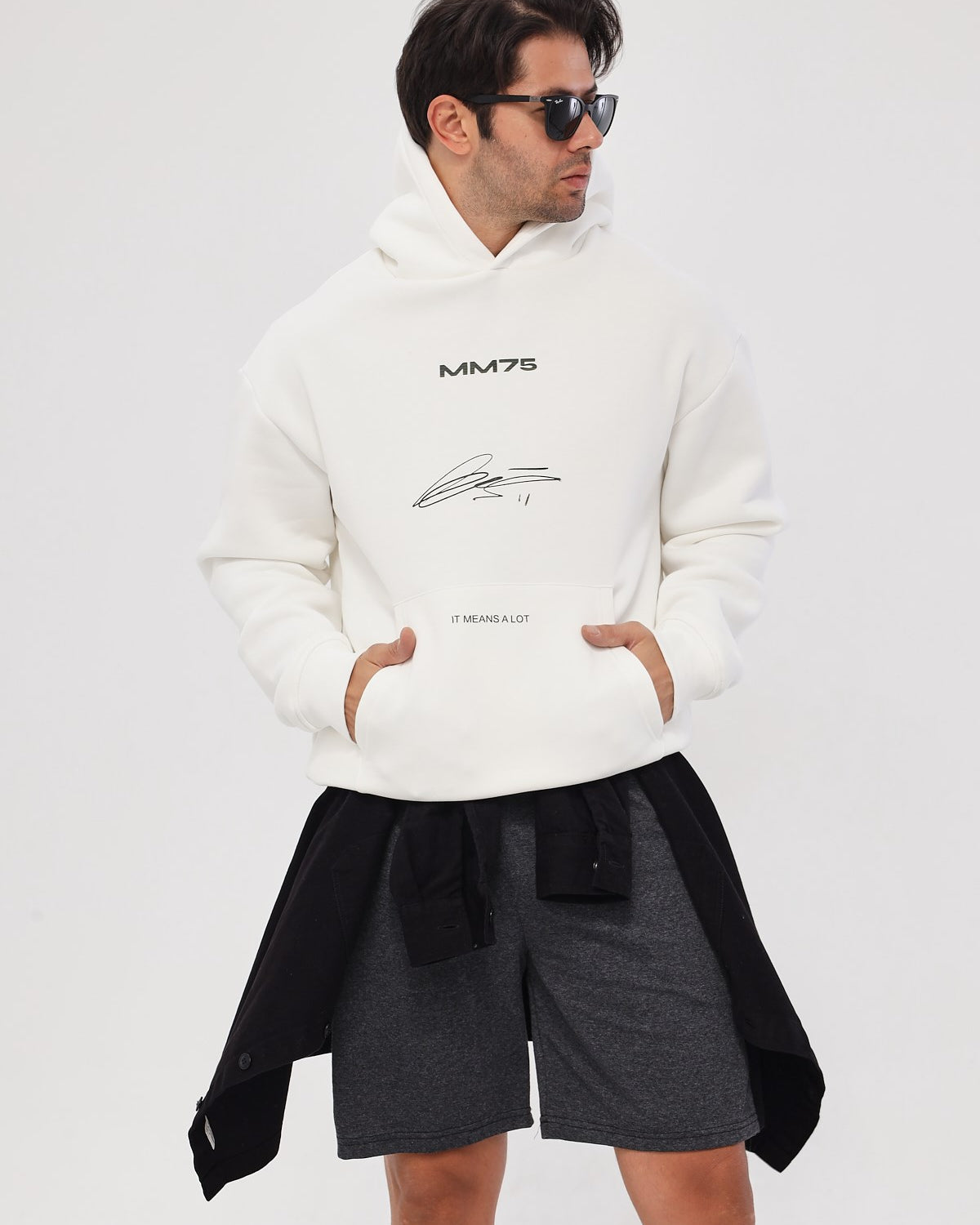 Kapüşonlu İçi Polar MM75 Baskılı Beyaz Oversize Hoodie Sweatshirt