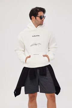 Erkek Oversize Sweatshirt Hoodie MM75 Baskılı Beyaz – Kapüşonlu, 3 İplik Şardonlu Polar