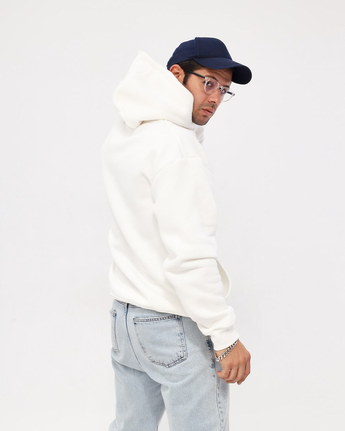 Kapüşonlu İçi Polar Eighty Five Yazı Baskılı Beyaz Oversize Hoodie Sweatshirt