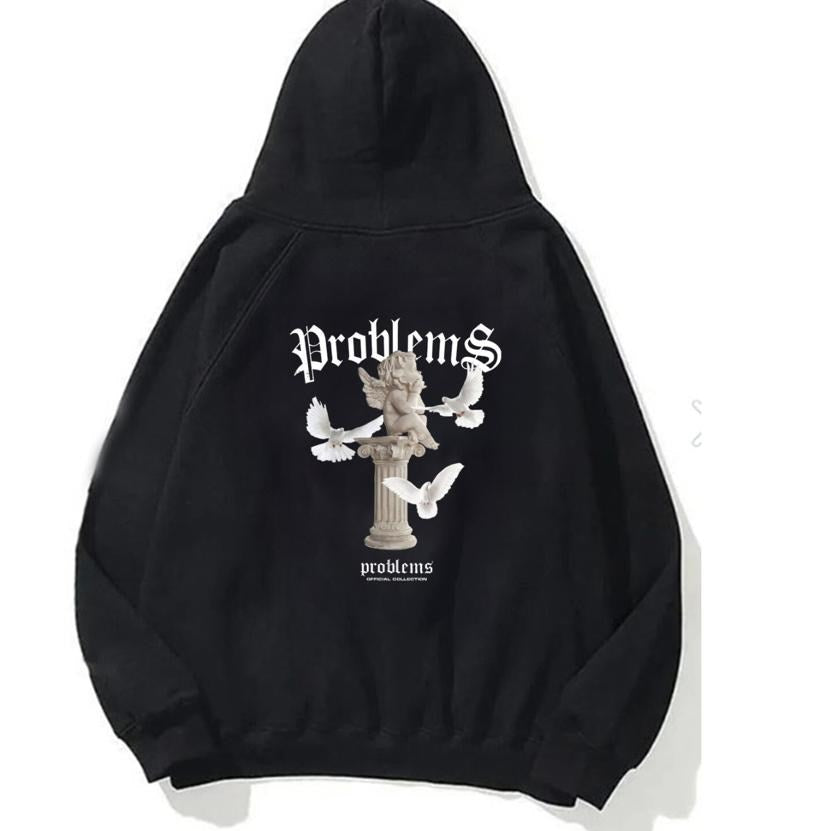 Kapüşonlu İçi Polar Problems Yazılı Heykel Baskılı Siyah Unisex Hoodie Sweatshirt