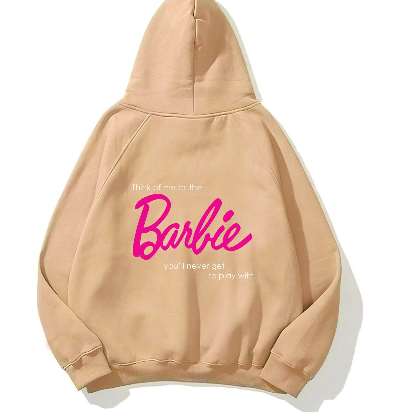 Kapüşonlu İçi Polar Think Of Barbie Baskılı Bej Unisex Hoodie Sweatshirt