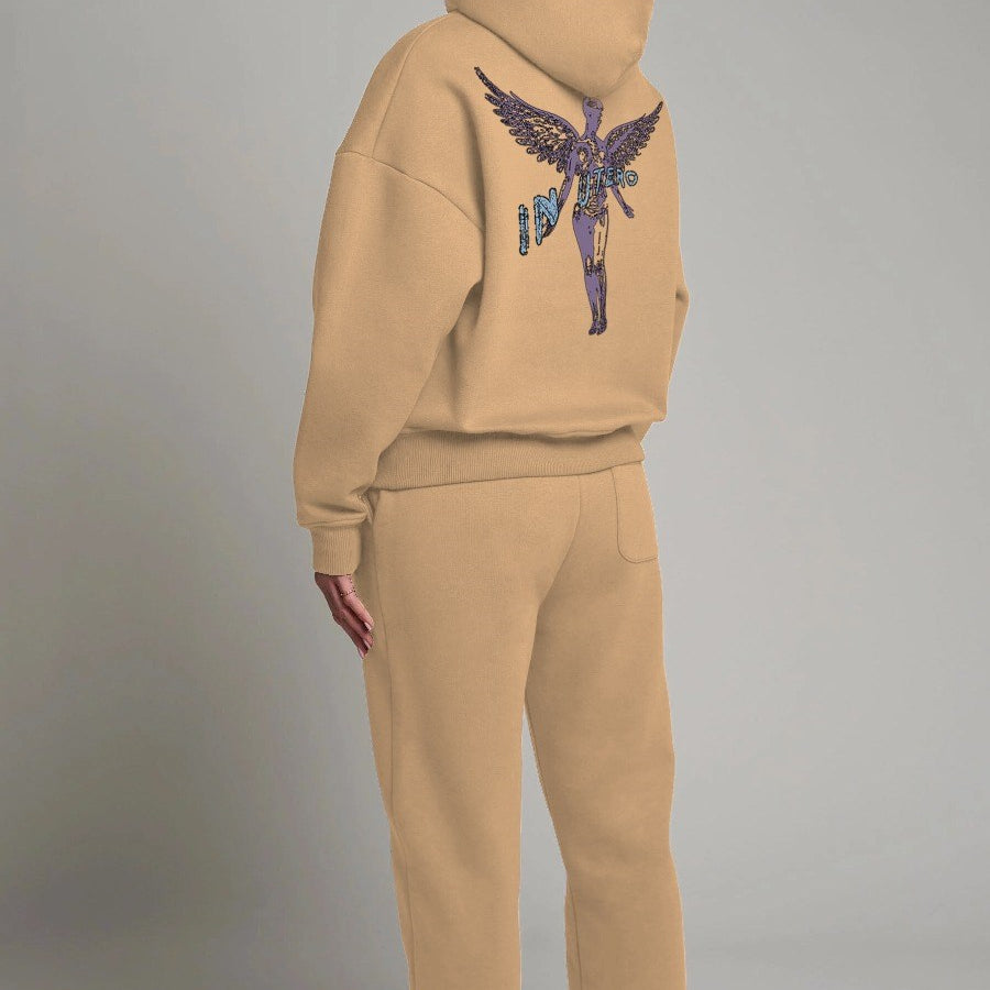Bej Kapüşonlu İçi Polar Nirvana İn Utero Baskılı Unisex Hoodie Sweatshirt