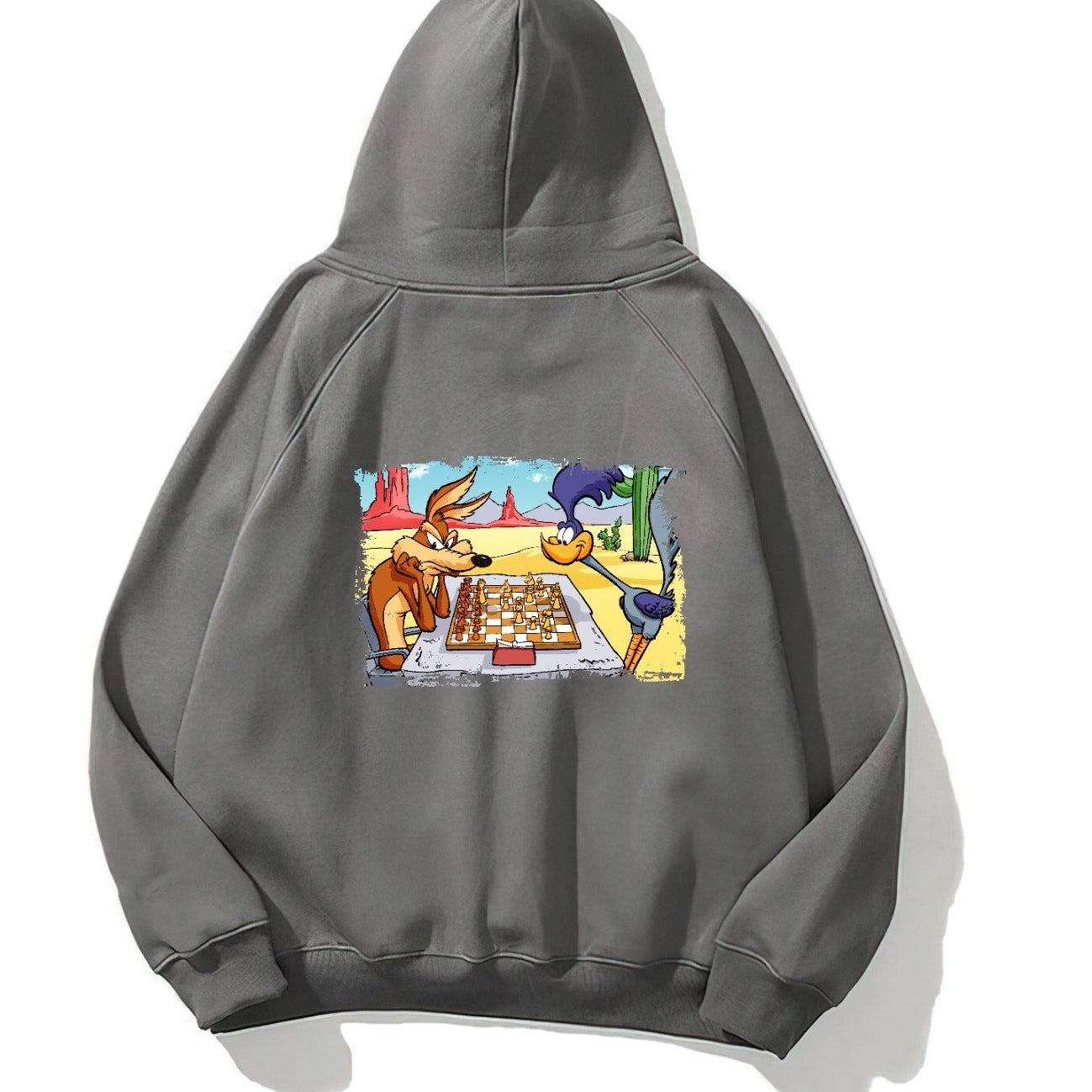 Kapüşonlu İçi Polar Satranç Cartoon Baskılı Füme Unisex Oversize Hoodie Sweatshirt
