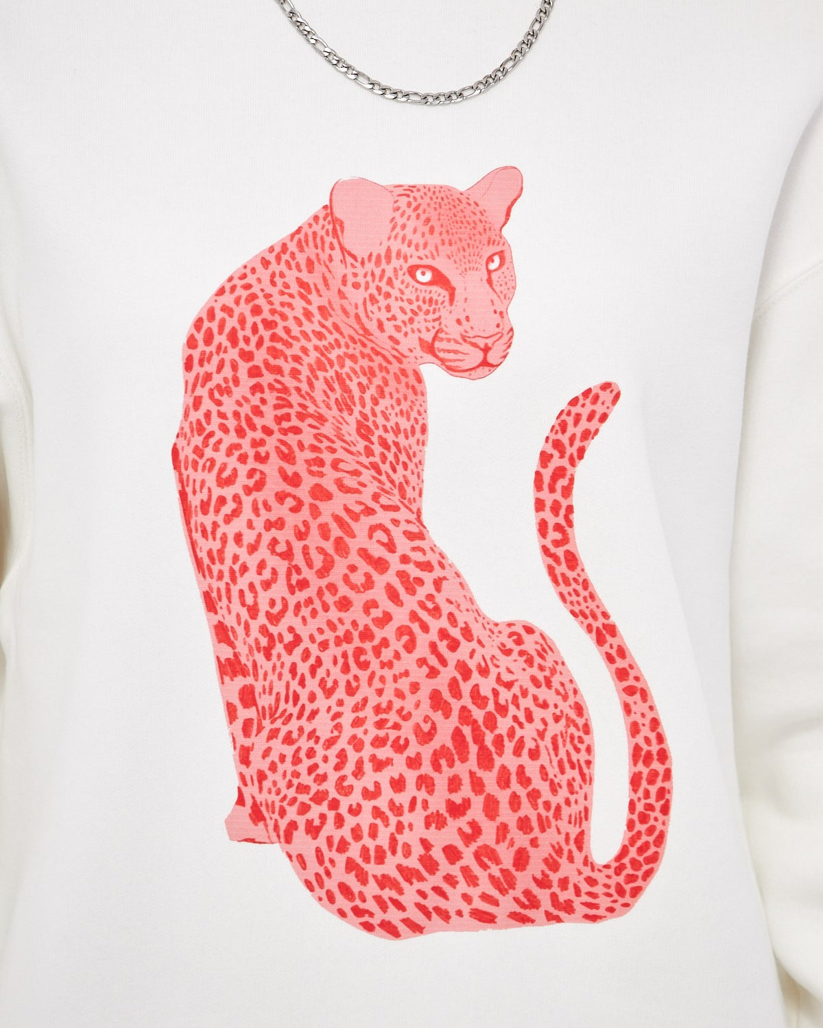 Bisiklet Yaka İçi Polar Leopar Baskılı Beyaz Oversize Sweatshirt