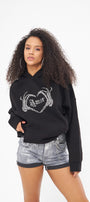 Amor Yazılı Taş Baskılı Kapüşonlu İçi Polar Oversize Siyah Sweatshirt