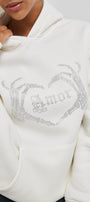 Amor Yazılı Taş Baskılı Kapüşonlu İçi Polar Oversize Beyaz Sweatshirt