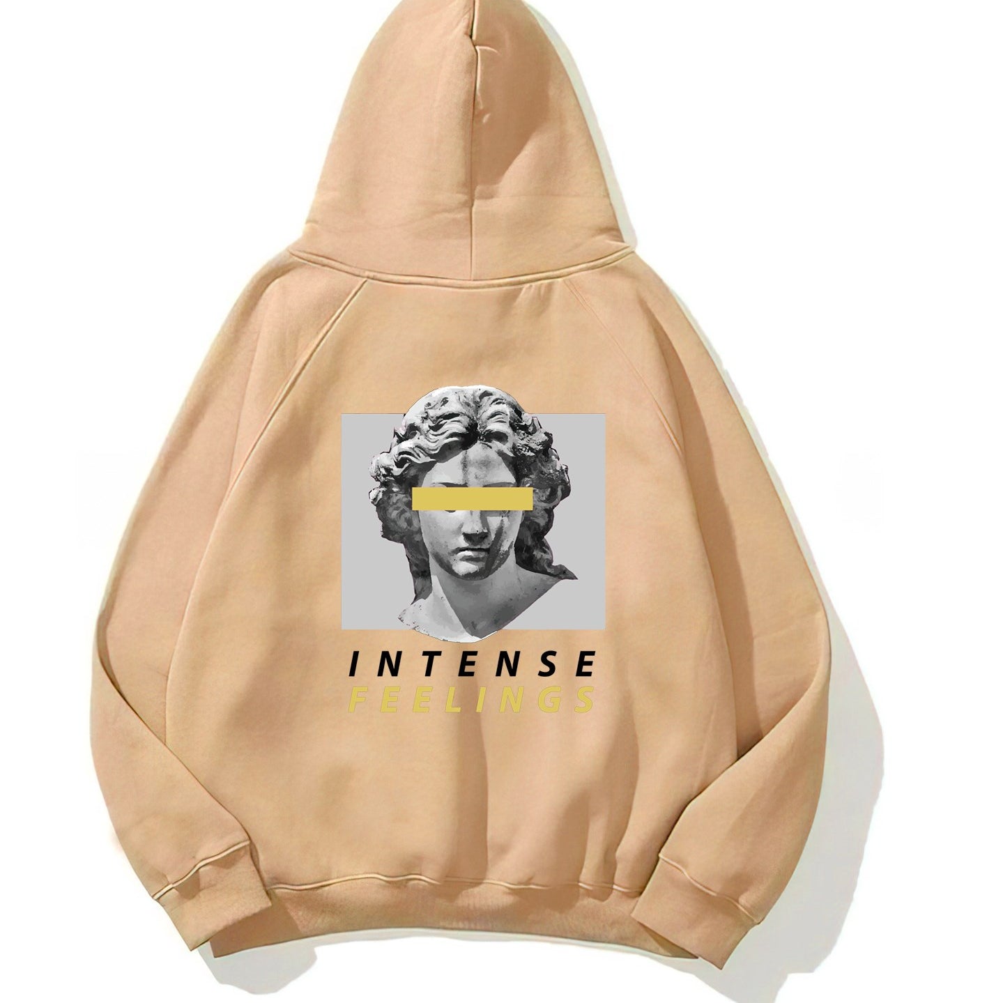 Kapüşonlu İçi Polar Intense Feelings Yazılı Heykel Baskılı Bej Unisex Hoodie Sweatshirt