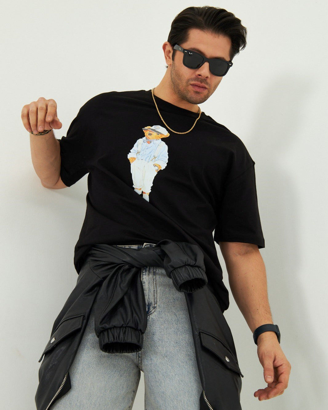 Unisex Siyah Ayıcık Baskılı Oversize Tişört Pamuklu Eğlenceli Çift Kombini Günlük Casual Model