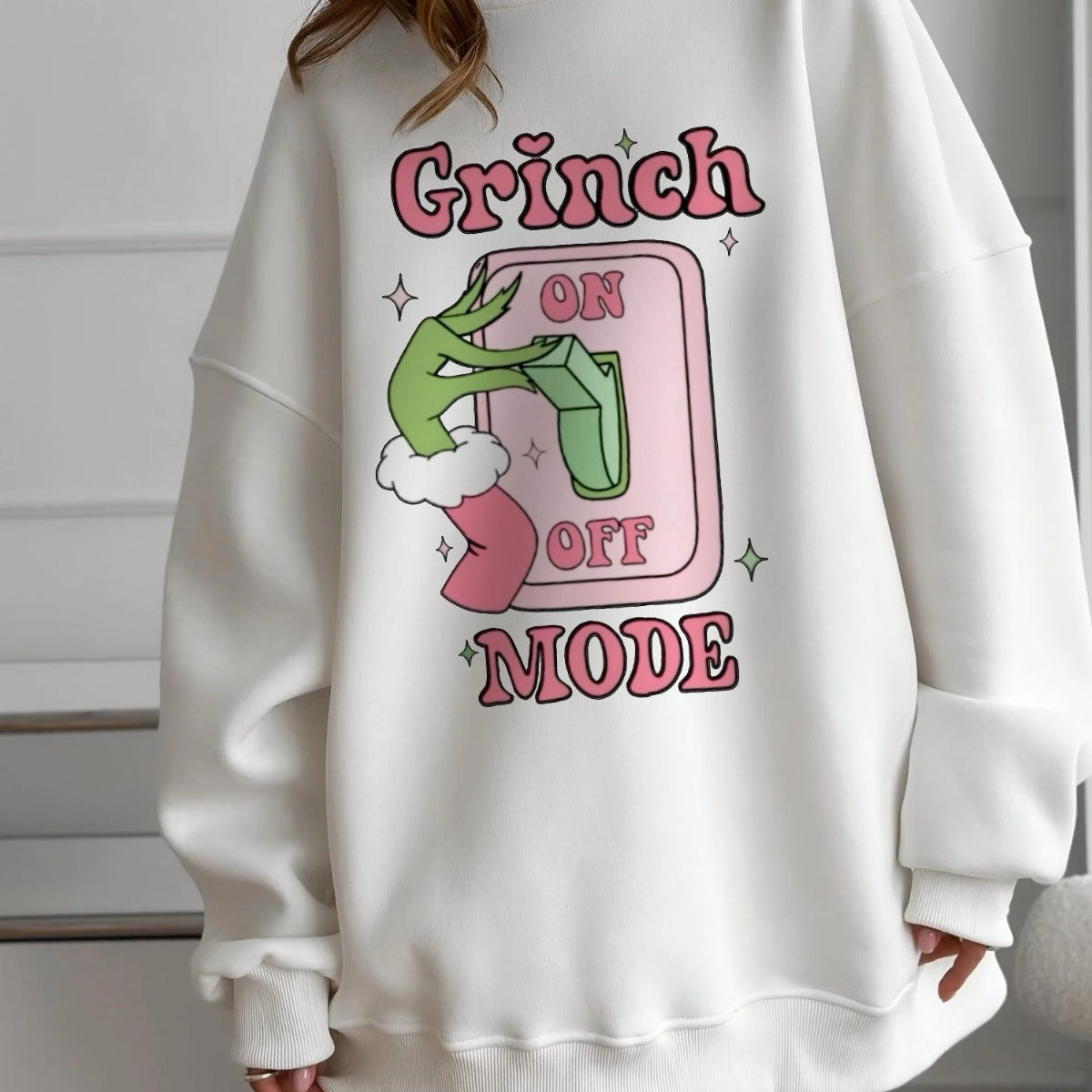 Kadın Oversize Sweatshirt Elbise Grinch Mode Baskılı Beyaz – Bisiklet Yaka, 3 İplik Şardonlu Polar