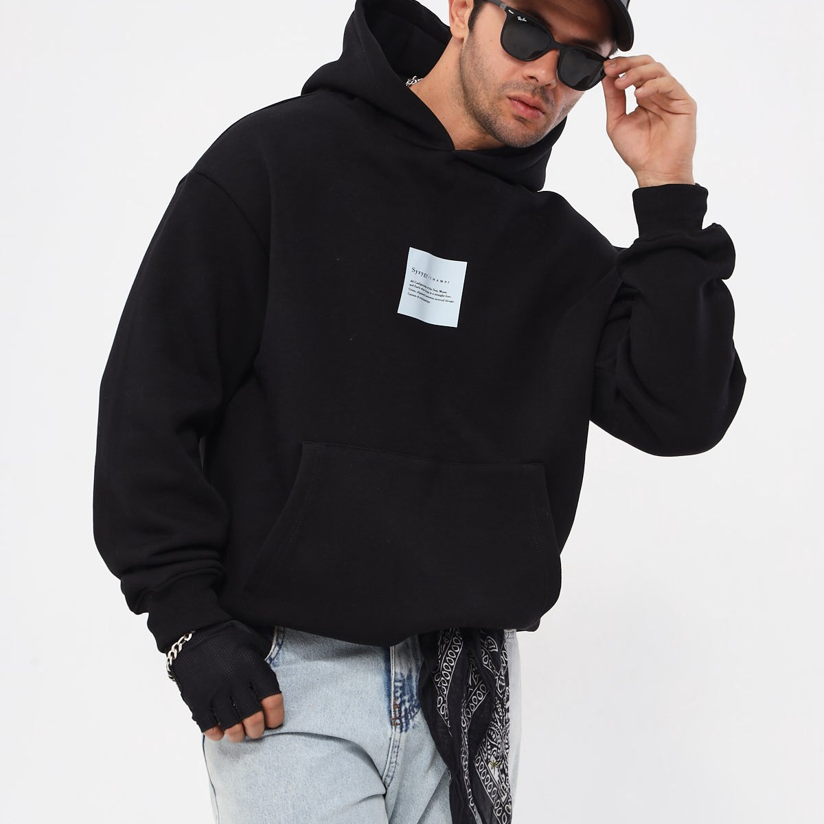 Kapüşonlu İçi Polar Syzygy Yazı Baskılı Siyah Oversize Hoodie Sweatshirt