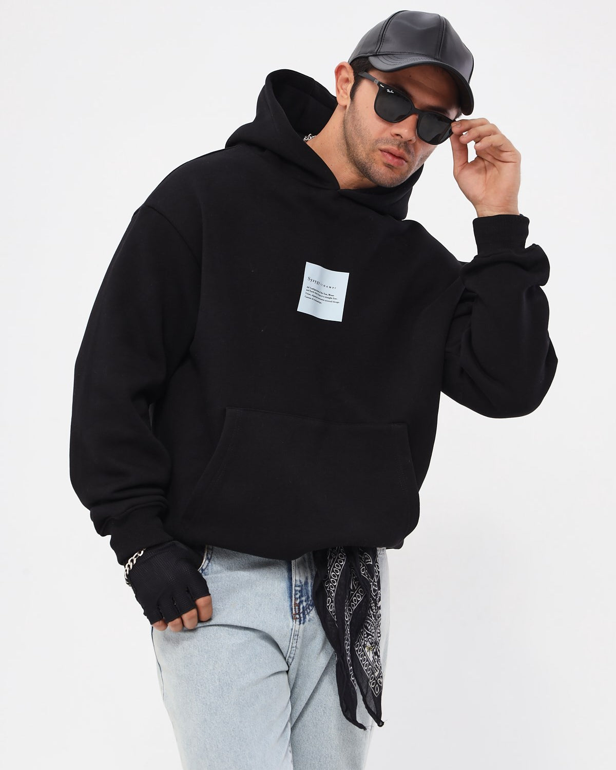 Kapüşonlu İçi Polar Syzygy Yazı Baskılı Siyah Oversize Hoodie Sweatshirt