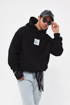Erkek Oversize Sweatshirt Hoodie Syzygy Yazı Baskılı Siyah – Kapüşonlu, 3 İplik Şardonlu Polar
