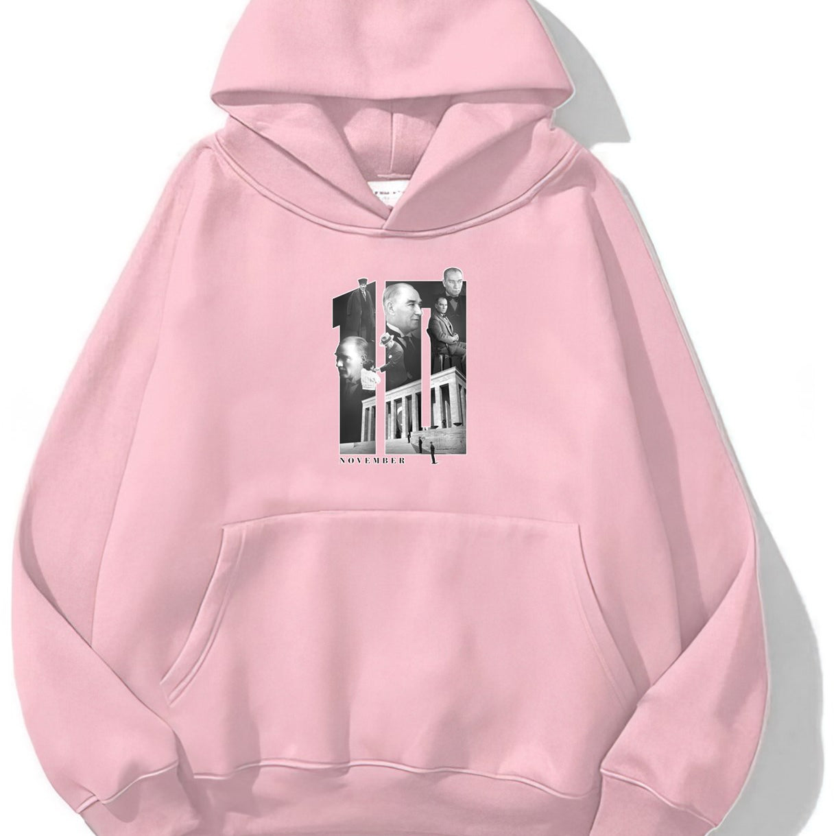 Kapüşonlu İçi Polar Kemal Atatürk 10 Kasım Baskılı Pembe Unisex Hoodie Sweatshirt