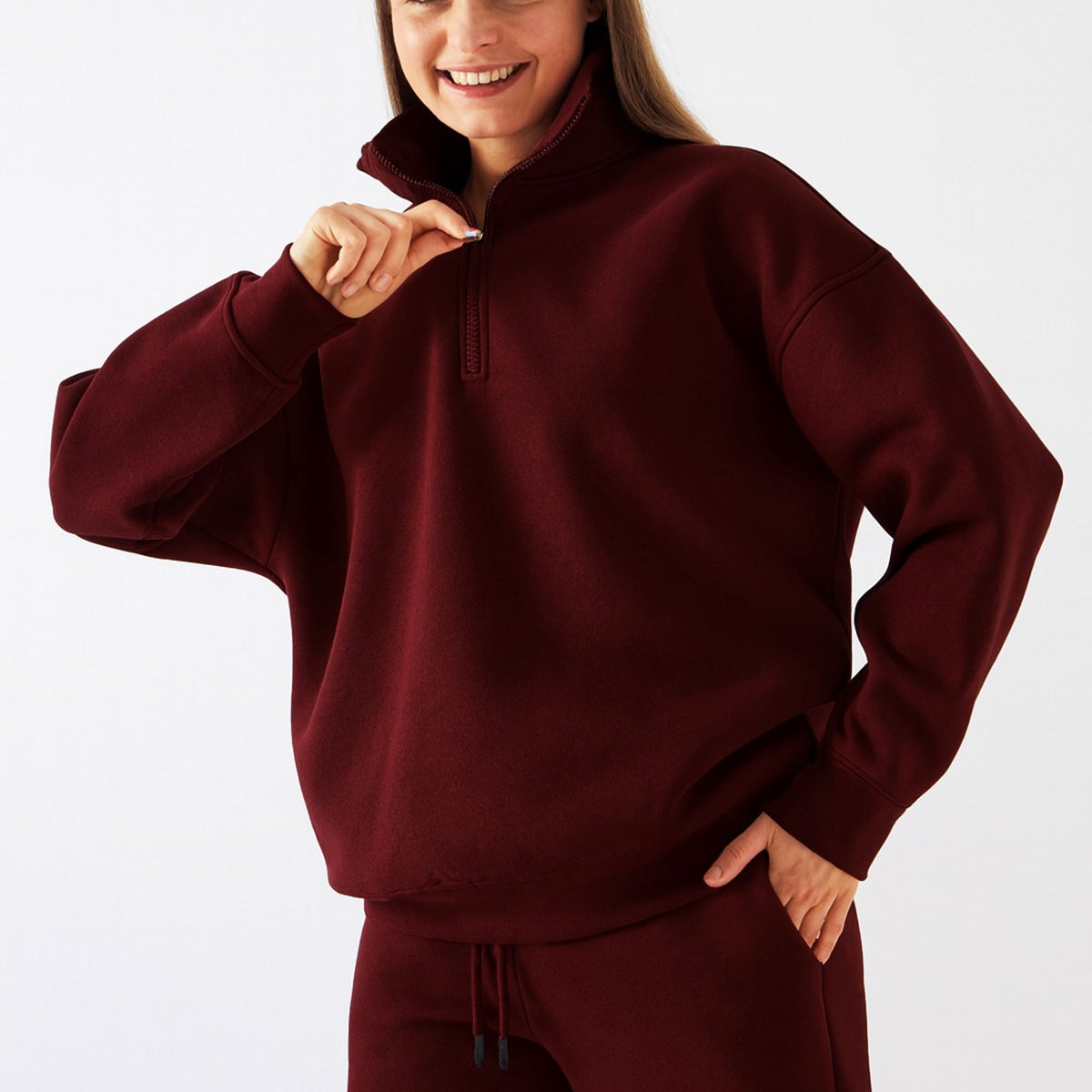 Unisex Oversize Sweatshirt Basic Bordo – Yarım Fermuar Dik Yaka, 3 İplik Şardonlu Polar