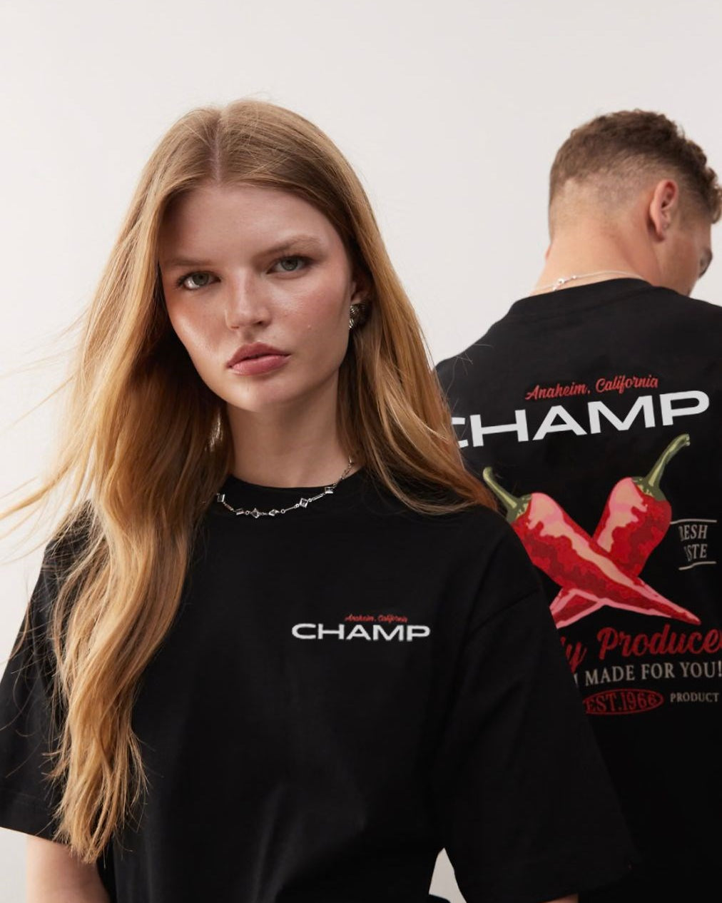 Unisex Siyah Oversize Champ Yazılı Arkası Biber Baskılı Tişört