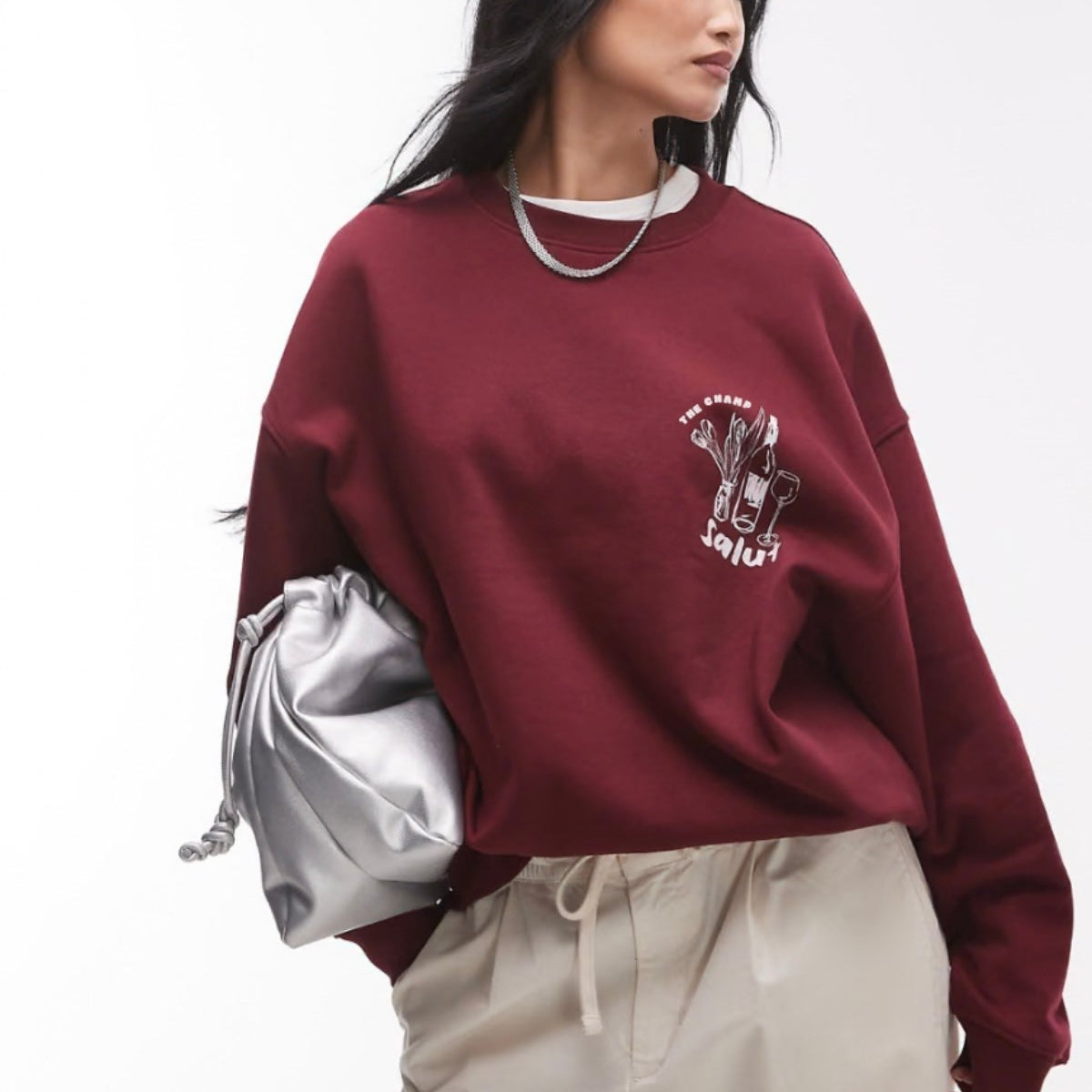 Oversize Unisex Sweatshirt Bordo – 3 İplik Şardonlu Polar Kumaş, Bisiklet Yaka, Salut Arka Baskılı