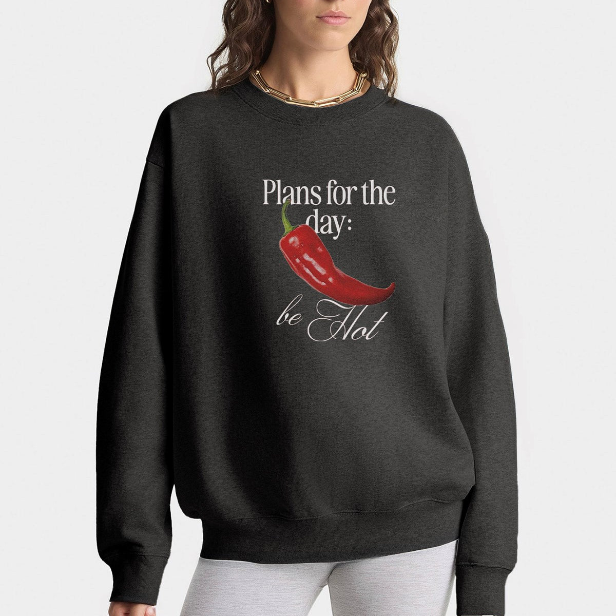 Kadın Oversize Sweatshirt Be Hot Baskılı Füme Melanj – Bisiklet Yaka, 3 İplik Şardonlu Polar