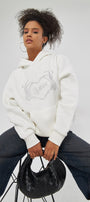 Amor Yazılı Taş Baskılı Kapüşonlu İçi Polar Oversize Beyaz Sweatshirt