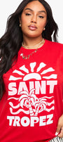 Büyük Beden Kadın Tişört %100 Pamuk Kırmızı Oversize SAINT TROPEZ Yaz Baskılı Yazlık Model