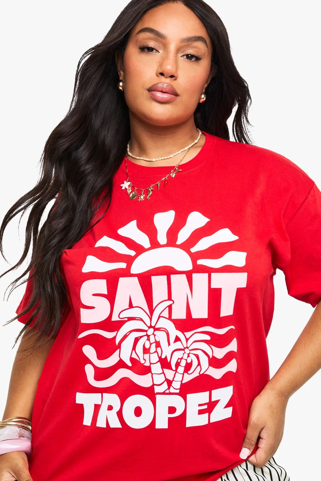 Büyük Beden Kadın Tişört %100 Pamuk Kırmızı Oversize SAINT TROPEZ Yaz Baskılı Yazlık Model