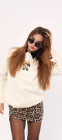 Bisiklet Yaka İçi Polar Teddy Bear Leopar Baskılı Beyaz Unisex Sweatshirt
