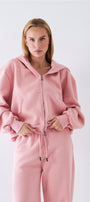 Kadın Oversize Zip Hoodie Pembe – Fermuarlı, Kapüşonlu, Kangru Cep,  3 İplik Şardonlu Polar