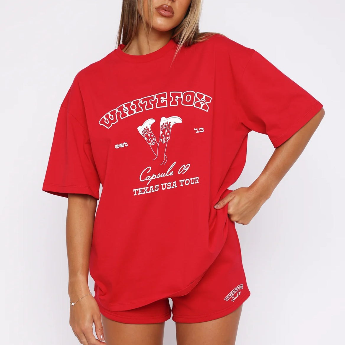 White Fox Kırmızı Kadın Capsule 09 Texas Usa Tour Yazılı Bisiklet Yaka T-Shirt