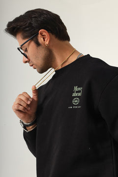 Erkek Bisiklet Yaka İçi Polar Move Ahead Yazı Baskılı Siyah Oversize Sweatshirt