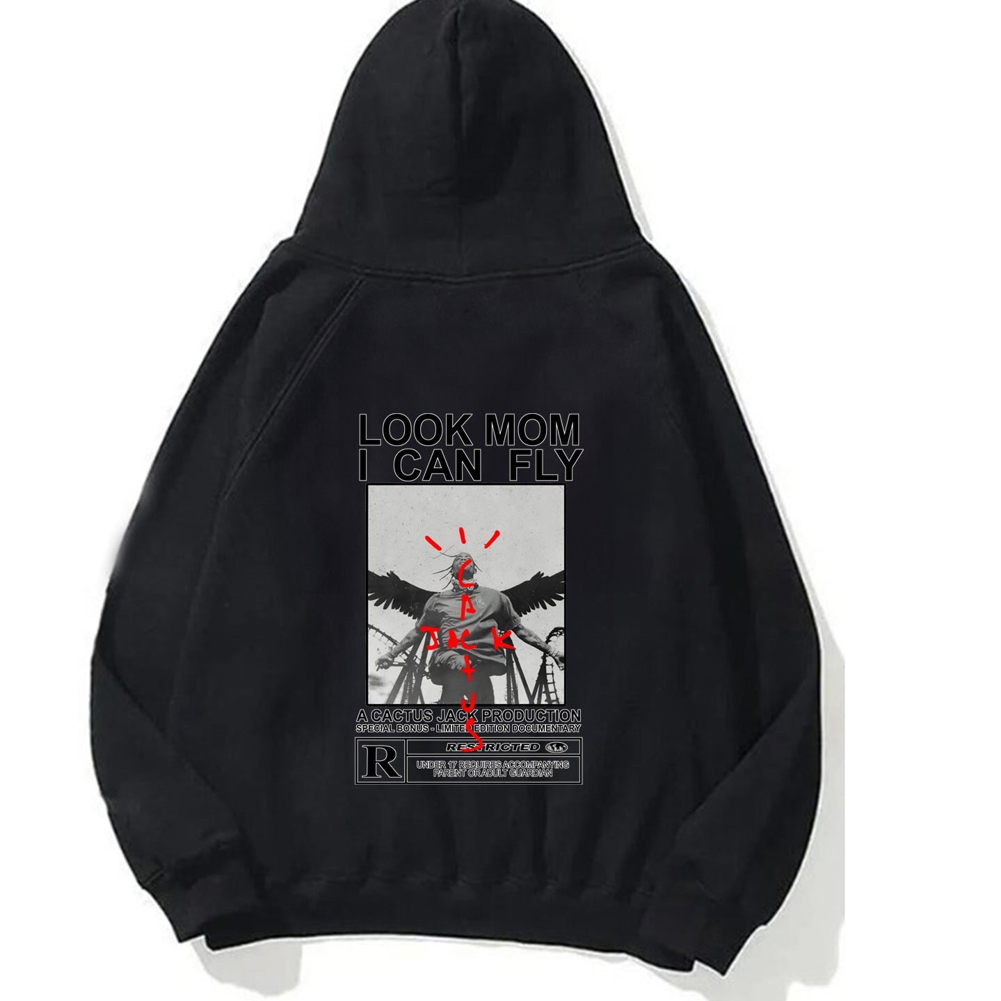 Kapüşonlu İçi Polar Look Mom I Can Fly Baskılı Unisex Siyah Oversize Hoodie Sweatshirt