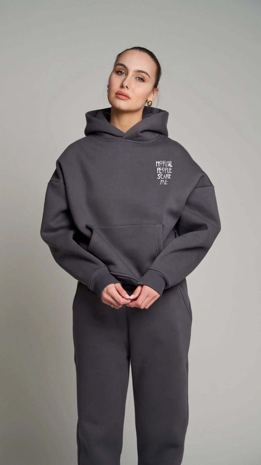 Kapüşonlu İçi Polar Normal People Scare Me Baskılı Füme Unisex Hoodie Sweatshirt