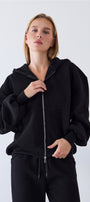 Kadın Oversize Zip Hoodie Siyah – Fermuarlı, Kapüşonlu, Kangru Cep,  3 İplik Şardonlu Polar